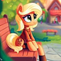 Size: 1024x1024 | Tagged: safe, imported from derpibooru, pony, ai content, ai generated, bench, female, mare, not applejack, outdoors, sitting, solo