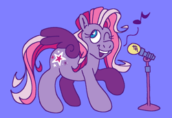 Size: 1316x900 | Tagged: safe, artist:msponies, imported from derpibooru, starsong, pegasus, pony, blue background, female, g3, mare, microphone, ms paint, music notes, one eye closed, open mouth, open smile, raised hoof, requested art, simple background, singing, smiling, solo, spread wings, tail, wings