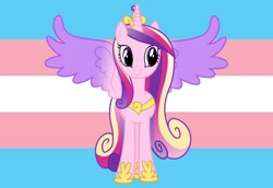 Size: 1570x1080 | Tagged: safe, imported from ponybooru, princess cadance, alicorn, pony, crown, female, horn, jewelry, mare, multicolored mane, multicolored tail, pink coat, pride, pride flag, regalia, smiling, solo, spread wings, transgender pride flag, wings