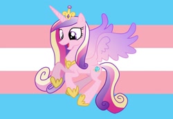 Size: 1570x1080 | Tagged: safe, imported from ponybooru, princess cadance, alicorn, pony, crown, female, flying, horn, jewelry, mare, multicolored mane, multicolored tail, open mouth, pink coat, pride, pride flag, regalia, smiling, solo, spread wings, transgender pride flag, wings