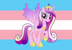 Size: 1570x1080 | Tagged: safe, imported from ponybooru, princess cadance, alicorn, pony, crown, female, horn, jewelry, mare, multicolored mane, multicolored tail, pink coat, pride, pride flag, raised hoof, raised leg, regalia, smiling, solo, spread wings, transgender pride flag, wings