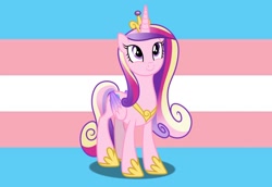 Size: 1570x1080 | Tagged: safe, imported from ponybooru, princess cadance, alicorn, pony, crown, female, horn, jewelry, mare, multicolored mane, multicolored tail, pink coat, pride, pride flag, regalia, smiling, solo, transgender pride flag, wings