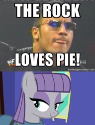 Size: 500x656 | Tagged: safe, edit, edited screencap, imported from ponybooru, screencap, maud pie, earth pony, human, pony, rock solid friendship, caption, crack shipping, dwayne johnson, exploitable meme, female, food, image macro, impact font, irl, irl human, male, maudwayne, meme, memegenerator, photo, pie, shipping, smiling, sports, text, the rock, watermark, wrestling, wwe