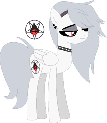 Size: 391x449 | Tagged: safe, imported from derpibooru, demon, demon pony, original species, pegasus, pony, choker, cutie mark, disguise, disguised demon, disguised hellhound, gray mane, helluva boss, loona (helluva boss), pentagram, ponified, red eyes, simple background, solo, transparent background, white coat