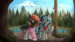 Size: 5120x2880 | Tagged: safe, artist:av-4, artist:avastin4, imported from derpibooru, oc, oc only, oc:joann, oc:luny, bird, pegasus, pony, clothes, duo, flower, flower in mouth, forest, lake, mouth hold, open mouth, open smile, pants, scarf, scenery, smiling, sweater, water