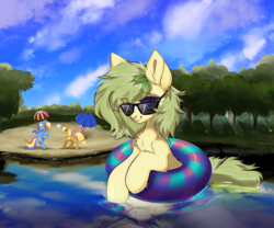 Size: 3000x2500 | Tagged: safe, artist:mysha, imported from derpibooru, applejack, fluttershy, rainbow dash, oc, oc:nettle vienna, earth pony, pegasus, pony, beach, earth pony oc, female, inner tube, mare, pool toy, sunglasses, water