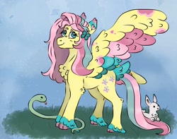 Size: 1900x1500 | Tagged: safe, artist:cluterdrop, imported from derpibooru, fluttershy, pegasus, pony, rabbit, snake, animal, chest fluff, colored wings, female, looking at you, mare, multicolored wings, smiling, smiling at you, solo, spread wings, tail, tail feathers, unshorn fetlocks, wings