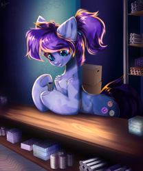 Size: 1667x2000 | Tagged: safe, artist:mysha, imported from derpibooru, oc, oc only, oc:magnetic hug, crystal pony, pony, box, female, magnet, mare, shop