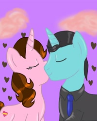 Size: 2000x2500 | Tagged: safe, artist:wrath-marionphauna, imported from derpibooru, oc, oc only, oc:color breezie, oc:mysterious science, pony, unicorn, clothes, cloud, couple, eyes closed, heart, kiss on the cheek, kissing, necktie