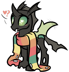 Size: 2163x2256 | Tagged: safe, artist:emberslament, derpibooru exclusive, imported from derpibooru, oc, oc only, oc:pitch pine, changeling, blushing, clothes, cute, cuteling, green changeling, green eyes, heart, heart eyes, holes, scarf, simple background, solo, striped scarf, transparent background, wingding eyes