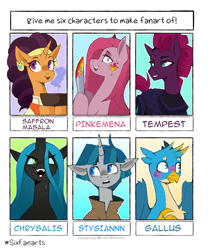 Size: 1080x1290 | Tagged: safe, artist:buvanybu, imported from derpibooru, gallus, pinkie pie, queen chrysalis, saffron masala, stygian, tempest shadow, changeling, changeling queen, earth pony, griffon, pony, unicorn, six fanarts, blushing, broken horn, bust, female, horn, knife, male, mare, pinkamena diane pie, smiling, stallion