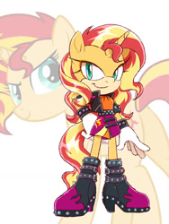 Size: 774x1032 | Tagged: safe, artist:kanayanga, imported from derpibooru, part of a set, sunset shimmer, anthro, unicorn, bracelet, hand on hip, jewelry, looking at you, mobian, smiling, smiling at you, sonic the hedgehog (series), sonicified