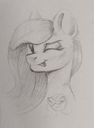 Size: 1594x2160 | Tagged: safe, artist:ske, imported from derpibooru, fluttershy, pony, looking at you, one eye closed, sketch, smiling, solo, tongue out, traditional art, wink, winking at you