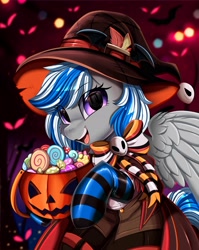 Size: 2550x3209 | Tagged: safe, artist:pridark, imported from derpibooru, oc, oc only, oc:lady lightning strike, pegasus, pony, candy, clothes, food, halloween, hat, holiday, latex, latex socks, pumpkin bucket, socks, solo, striped socks, witch hat