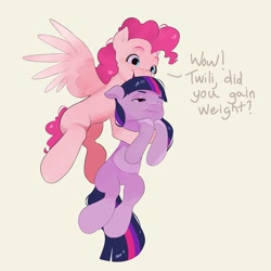 Size: 1800x1800 | Tagged: safe, artist:pascal571, imported from derpibooru, pinkie pie, twilight sparkle, earth pony, pegasus, pony, carrying, cute, diapinkes, earth pony twilight, female, flying, happy, holding, holding a pony, implied weight gain, pegasus pinkie pie, race swap, smiling, spread wings, text, twiabetes, twilight sparkle is not amused, unamused, unhappy, wings