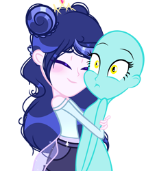 Size: 2952x3220 | Tagged: safe, artist:harmonyvitality-yt, imported from derpibooru, oc, oc only, equestria girls, bald, base used, clothes, duo, eyelashes, hug, offspring, parent:flash sentry, parent:twilight sparkle, parents:flashlight, simple background, transparent background