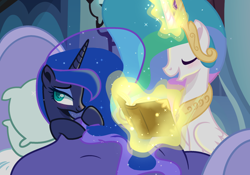 Size: 2260x1584 | Tagged: safe, artist:harmonyvitality-yt, imported from derpibooru, princess celestia, princess luna, base used, bed, book, duo, ethereal mane, eyes closed, glow, glowing horn, horn, indoors, jewelry, magic, peytral, reading, starry mane, telekinesis, tiara
