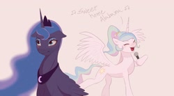 Size: 2000x1105 | Tagged: safe, artist:pascal571, imported from derpibooru, princess celestia, princess luna, alicorn, pony, blushing, cute, cutelestia, eyes closed, female, happy, holding, jewelry, lunabetes, lynyrd skynyrd, microphone, ponytail, regalia, singing, sweet home alabama