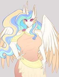 Size: 1000x1300 | Tagged: safe, artist:purplegrim40, imported from derpibooru, princess celestia, alicorn, anthro, female, gray background, hand on hip, simple background, smiling, solo