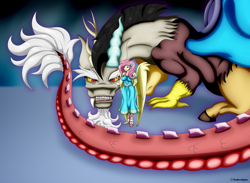 Size: 7416x5438 | Tagged: safe, artist:thebenalpha, imported from derpibooru, discord, fluttershy, draconequus, human, equestria girls, duo, duo male and female, female, humanized, male, season 10, sharp teeth, simple background, size difference, snarling, teeth, winged humanization, wings