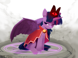 Size: 4000x3000 | Tagged: safe, artist:some_ponu, imported from derpibooru, twilight sparkle, alicorn, pony, cape, clothes, cosplay, costume, crossover, crown, cult of the lamb, female, high res, jewelry, mare, one eye closed, regalia, sitting, solo, spread wings, twilight sparkle (alicorn), wings