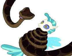 Size: 1280x999 | Tagged: safe, artist:ocean lover, imported from derpibooru, terramar, python, seapony (g4), snake, animated, coils, cute, disney, eyes closed, fins, fish tail, gif, hypno eyes, kaa, kaa eyes, laughing, male, open mouth, simple background, smiling, squeeze, tail, teenager, terrabetes, this will not end well, transparent background, wings, wrapped up