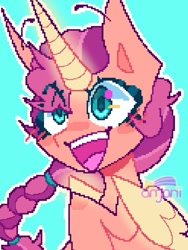 Size: 649x865 | Tagged: safe, artist:anwa-gows-uwu, imported from derpibooru, sunny starscout, alicorn, pony, spoiler:my little pony: a new generation, blushing, braid, female, floating eyebrows, g5, mare, my little pony: a new generation, open mouth, pixel art, smiling, solo