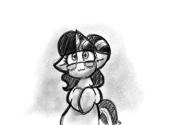 Size: 1290x937 | Tagged: safe, artist:zutcha, imported from derpibooru, sci-twi, twilight sparkle, pony, unicorn, equestria girls, black and white, cute, equestria girls ponified, female, floppy ears, grayscale, looking up, mare, monochrome, ponified, simple background, solo, twiabetes, unicorn sci-twi, white background