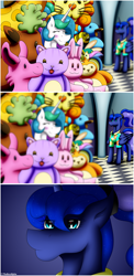 Size: 2401x4902 | Tagged: safe, artist:thebenalpha, imported from derpibooru, princess celestia, princess luna, alicorn, pony, between dark and dawn, season 9, spoiler:s09, alternate hairstyle, blushing, comic, duo, female, mare, meme, plushie, ponytail, royal sisters, siblings, sisters