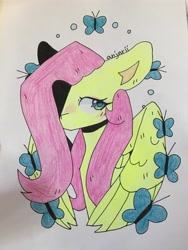 Size: 3024x4032 | Tagged: safe, artist:anwa-gows-uwu, imported from derpibooru, fluttershy, pegasus, pony, blushing, female, hair over one eye, mare, simple background, solo, traditional art, white background