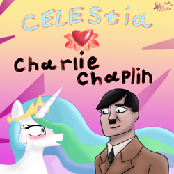 Size: 2560x2560 | Tagged: safe, artist:fizzlepopsunset, imported from derpibooru, princess celestia, alicorn, pony, adolf hitler, blatant lies, blushing, charlie chaplin, crown, ethereal mane, gradient background, heart, jewelry, nazi, regalia, signature