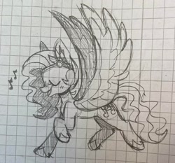 Size: 2692x2507 | Tagged: safe, artist:anwa-gows-uwu, imported from derpibooru, pipp petals, pegasus, pony, adorapipp, cute, eyes closed, female, g5, graph paper, mare, monochrome, music notes, princess pipp, singing, sketch, solo, traditional art