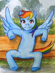 Size: 1800x2400 | Tagged: safe, artist:alexyorim, derpibooru exclusive, imported from derpibooru, rainbow dash, ashleigh ball, ballpoint pen, bench, bench tails, pose reference, traditional art, watercolor painting