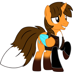 Size: 8063x7951 | Tagged: safe, artist:ejlightning007arts, imported from derpibooru, oc, oc:ej, alicorn, fox, fox pony, hybrid, pony, alicorn oc, clothes, coat markings, colored wings, horn, jacket, male, raised hoof, simple background, smiling, socks (coat markings), stallion, transparent background, vector, wings