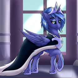 Size: 1000x1000 | Tagged: safe, artist:crimsonwolf360, imported from derpibooru, princess luna, alicorn, pony, blue hair, cape, clothes, crown, female, indoors, jewelry, mare, raised hoof, regalia, solo, wings