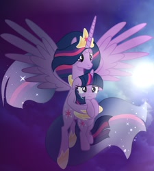 Size: 1736x1928 | Tagged: safe, artist:diniarvegafinahar, imported from derpibooru, twilight sparkle, alicorn, pony, the last problem, crown, crying, ethereal mane, female, floppy ears, flying, holding a pony, jewelry, mare, older, older twilight, princess twilight 2.0, regalia, sad, self paradox, self ponidox, spread wings, stars, twilight sparkle (alicorn), wings