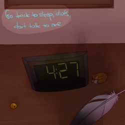 Size: 500x500 | Tagged: safe, artist:foxfaces-world, imported from derpibooru, alarm clock, clock, feather, offscreen character, vulgar