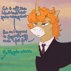 Size: 500x500 | Tagged: safe, artist:foxfaces-world, imported from derpibooru, oc, oc only, oc:foxface, pony, unicorn, clothes, curved horn, horn, male, necktie, offscreen character, solo, stallion, suit