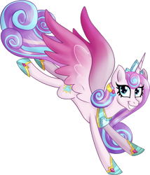Size: 1316x1538 | Tagged: safe, artist:schattenspielrex, imported from derpibooru, princess flurry heart, alicorn, pony, colored wings, concave belly, crown, crystal, female, gradient wings, grin, hoof shoes, jewelry, looking at you, mare, older, older flurry heart, peytral, princess shoes, regalia, slim, smiling, solo, spread wings, teeth, thin, wings