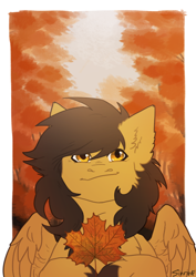 Size: 2480x3508 | Tagged: safe, artist:sinrinf, imported from derpibooru, oc, oc:crisom chin, pegasus, pony, autumn, chest fluff, commission, ear fluff, hoof fluff, leaf, orange background, simple background, smiling, solo, spread wings, wings, ych result