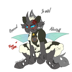 Size: 2000x2000 | Tagged: safe, artist:frazy, imported from derpibooru, oc, oc only, oc:closed case, changeling, bell, bell collar, changeling oc, clothes, collar, commission, hat, irritated, maid, male, simple background, swearing, text, vulgar