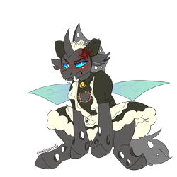 Size: 2000x2000 | Tagged: safe, artist:frazy, imported from derpibooru, oc, oc only, oc:closed case, changeling, bell, bell collar, changeling oc, clothes, collar, commission, hat, irritated, maid, male, simple background