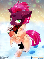 Size: 900x1200 | Tagged: safe, artist:phoenixperegrine, imported from derpibooru, tempest shadow, pony, semi-anthro, unicorn, blushing, broken horn, clothes, drink, female, hoofprints, horn, looking at you, mare, scarf, snow, snowfall, solo, trenchcoat