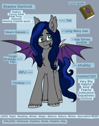 Size: 3230x4097 | Tagged: safe, artist:dreamy990, imported from derpibooru, oc, oc:shadow starbook, bat pony, pony, femboy, glasses, male, reference sheet, unshorn fetlocks