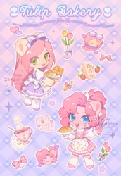 Size: 1299x1890 | Tagged: safe, artist:xieyanbbb, imported from derpibooru, fluttershy, pinkie pie, earth pony, pegasus, pony, semi-anthro, alternate hairstyle, apron, bow, bread, chibi, clothes, dessert, female, food, hair bow, looking at you, mare, smiling, tea, waitress