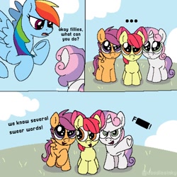 Size: 1280x1280 | Tagged: safe, artist:doodlesinky, imported from derpibooru, apple bloom, rainbow dash, scootaloo, sweetie belle, earth pony, pegasus, pony, unicorn, ..., blank flank, censored, censored vulgarity, cloud, comic, cutie mark crusaders, female, filly, foal, grass, lightly watermarked, mare, swearing, vulgar, watermark