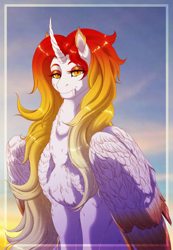 Size: 3501x5070 | Tagged: safe, artist:silverwolf866, imported from derpibooru, daybreaker, alicorn, pony, alternate universe, bust, commission, fangs, lidded eyes, portrait, ryoku verse, solo