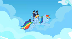 Size: 1980x1080 | Tagged: safe, artist:andrew_wolf, imported from derpibooru, rainbow dash, dog, pegasus, pony, australian cattle dog, bluey, bluey heeler, crossover, duo, flying, riding, riding a pony
