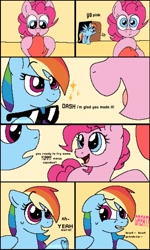 Size: 1157x1932 | Tagged: safe, artist:doodlesinky, imported from derpibooru, part of a set, pinkie pie, rainbow dash, earth pony, pegasus, pony, fanfic:cupcakes, balloon, blowing up balloons, comic, door, duo, duo female, female, inflating, lightly watermarked, mare, sparkles, sunglasses, watermark