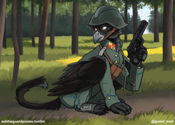 Size: 2450x1750 | Tagged: safe, artist:asktheguardponies, artist:guard-mod, imported from derpibooru, oc, griffon, background, black coat, brown eyes, clothes, detailed background, epaulettes, feline tail, female, forest background, grass, griffon oc, gun, handgun, helmet, military uniform, pistol, soldier, solo, uniform, weapon